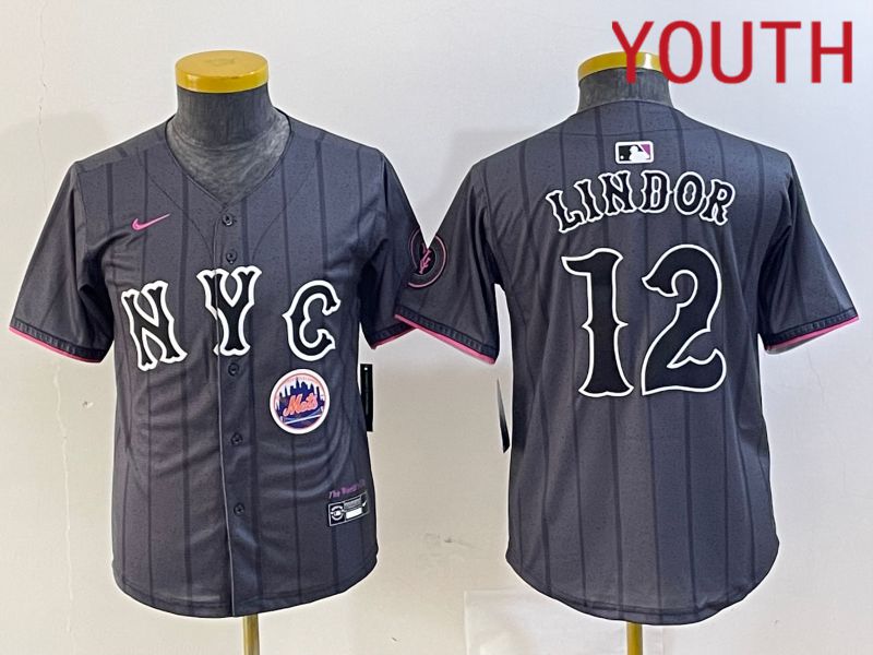 Youth New York Mets #12 Lindor Black City Edition 2024 Nike MLB Jersey style 5